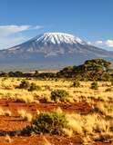 A striking view of Mount Kilimanjaro with snow-capped peaks surrounded by red-gold savannah terrain.