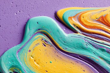 Poster - Colorful abstract paint swirls on a vibrant purple background showcasing artistic creativity and texture