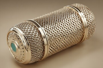 Poster - Unique metallic cylindrical object with mesh design and reflective surface captured in a neutral setting