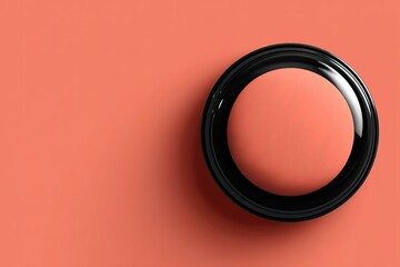 Poster - Circular black object placed on a coral background offering a modern aesthetic focus