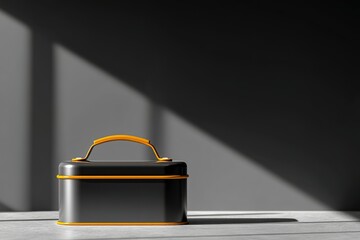 Poster - Metal lunchbox with orange handle resting on a table under strong sunlight in a minimalist indoor setting