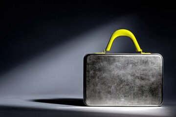 Poster - Steel lunchbox with bright yellow handle sits in shadows, showcasing industrial design and vintage appeal in studio setting