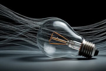 Fototapete - Light bulb design with flowing energy strands creating a dynamic visual effect in a dark setting