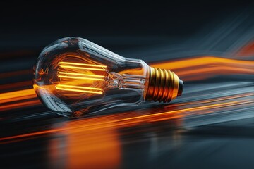 Poster - Unique vintage light bulb with glowing filaments resting on a sleek surface showcasing orange streaks of light