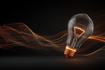 Poster - Light bulb illuminating creative energy with flowing lines against a dark background in a modern artistic design