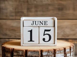 Poster - June 15th Calendar Block on Wood Slice Rustic Wooden Background Date Reminder Schedule