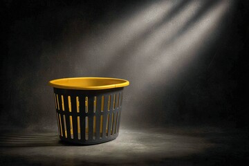 Poster - Dark background highlights yellow and black laundry basket with dramatic lighting in a minimalistic setting