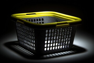 Poster - Laundry basket with yellow trim illuminated in dark space highlighting its texture and design