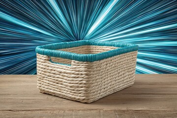 Poster - Stylish woven storage basket with turquoise trim placed on wooden surface against a vibrant abstract background
