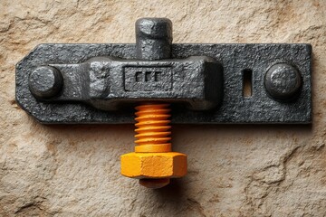 Poster - Close-up view of a black iron bolt and nut against a textured stone surface showcasing industrial craftsmanship and design