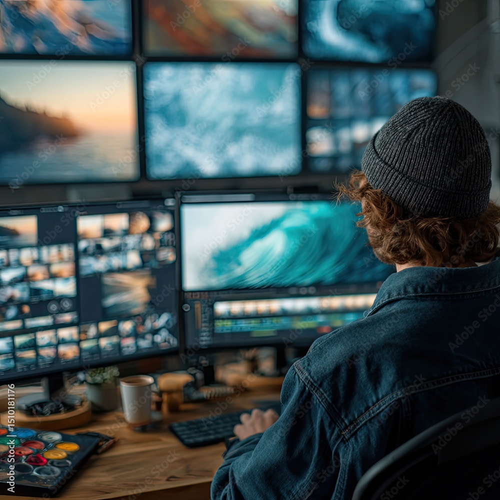 Video Multiple Scenes Person editing video on multiple monitors with footage of waves and ...