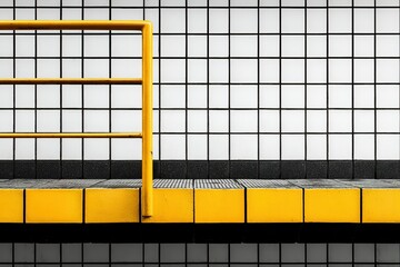 Poster - Yellow rail and tiled wall create a striking visual contrast in an urban setting