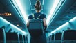 © novi syahdah - Traveler walks down the aisle of a modern airplane with her wheeled backpack