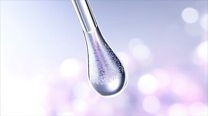 Poster - Close-up of a clear dropper with a droplet of liquid suspended, showcasing bubbles and reflections against a soft, blurred background with copy space