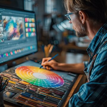 Man working on graphic design with color palette and computer screen in a creative workspace studio