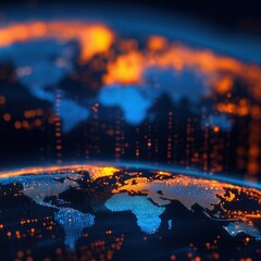 Poster - Digital world map with glowing blue and orange lights representing global connectivity