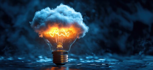 Poster - Illuminated light bulb with cloud and electric sparks creating dramatic atmosphere