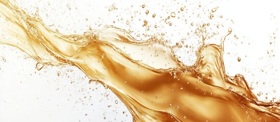 Poster - Golden liquid splash with dynamic movement and bubbles on white background