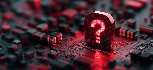 Poster - Red glowing question mark on circuit board symbolizing technology uncertainty and inquiry