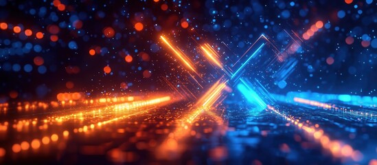Poster - Abstract digital background with glowing blue and orange lines and particles