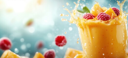 Poster - Refreshing fruit smoothie splash with raspberries and mango pieces