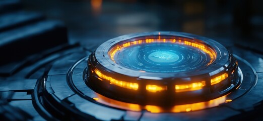 Poster - Futuristic glowing technology interface with blue and orange accents in dark environment