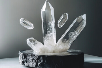 jewelry display with levitating crystal shapes