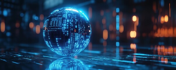 Poster - Futuristic glowing sphere with digital patterns and reflections in a high-tech environment