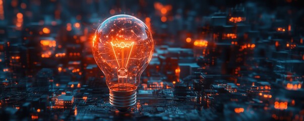 Poster - Illuminated light bulb with digital circuitry and glowing elements in futuristic cityscape