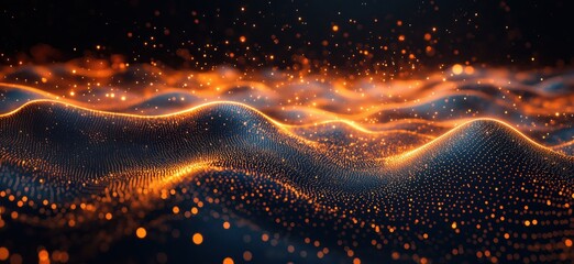 Poster - Abstract glowing waves with particles in orange and blue tones for digital backgrounds