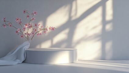 Fototapete - A white podium is utilized for cosmetics and product presentation in an abstract 3D rendering