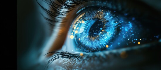 Poster - Close-up of a human eye with digital effects and glowing particles