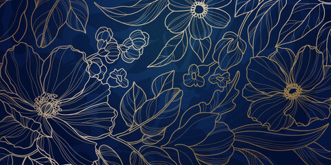 Wall Mural - Luxury blue background with golden lines of flowers. Abstract floral pattern hand drawn. Vector illustration for cover, banner, packaging, wall art, social media, card, wedding invitation