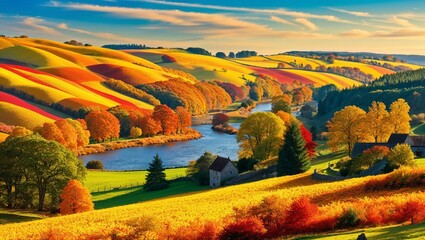 A captivating view of autumn hills with vibrant colors.