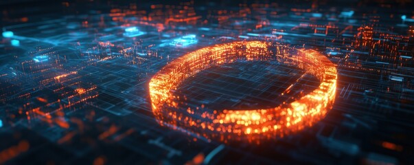 Poster - Futuristic glowing ring in digital landscape with vibrant data streams and circuits