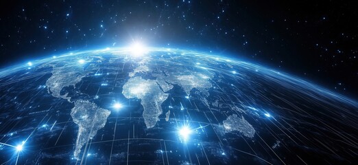 Poster - earth from space illuminated by sunlight with digital connections and glowing cities