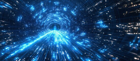 Poster - Futuristic digital tunnel with glowing blue lights and data streams