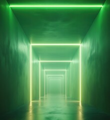 Poster - futuristic green neon light corridor with glowing lines and reflective floor