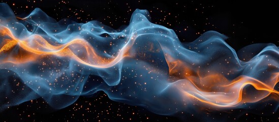 Poster - Abstract digital wave with glowing orange and blue particles on black background