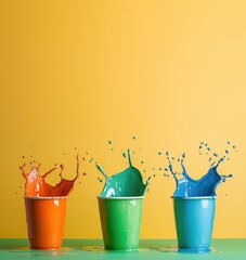 Poster - Colorful splashes from cups on vibrant yellow background creating dynamic visual effect