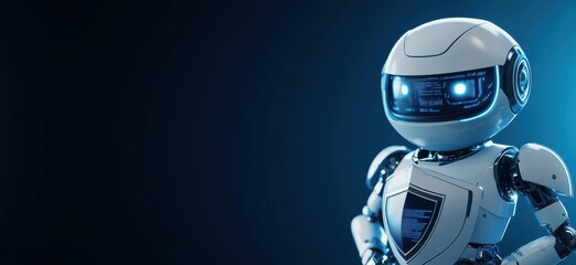Poster - Futuristic robot with glowing blue eyes and sleek design against dark background