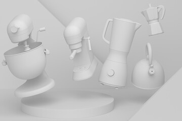 Poster - Abstract scene or podium with kitchen appliances and utensils on monochrome.