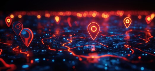 Poster - Digital map with glowing location pins and network connections in vibrant colors