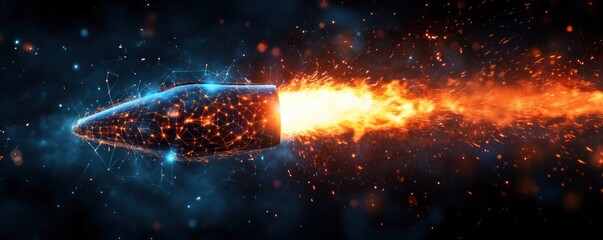 Poster - Futuristic bullet with fiery trail and digital particles in dark space background