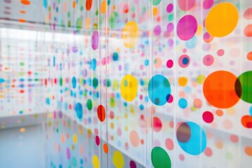 Poster - Vibrant Abstract Dots: An eye-level shot that immerses the viewer in a colorful, modern artwork. The abstract design, with its vibrant array of polka dots in various sizes and hues.