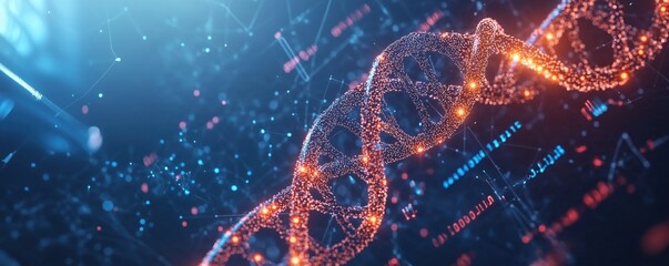 Poster - 3D Render of DNA Helix Structure with Glowing Particles and Data Visualization