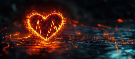 Poster - Glowing Heartbeat Symbol in Fiery Orange and Red Colors on Dark Background