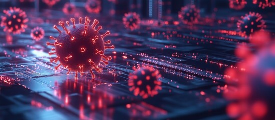 Poster - 3D rendering of virus model on digital circuit board background with glowing effects