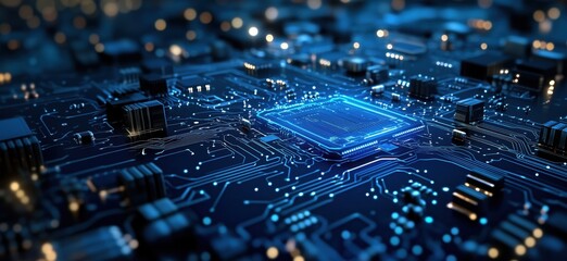 Poster - Futuristic circuit board with glowing microchip and intricate electronic connections