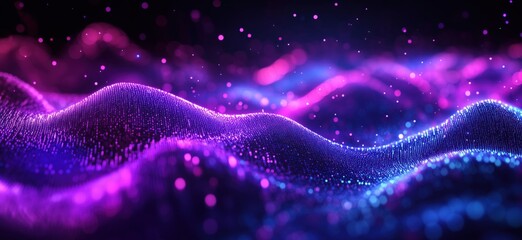 Poster - Colorful abstract wave patterns with glowing particles in purple and blue tones